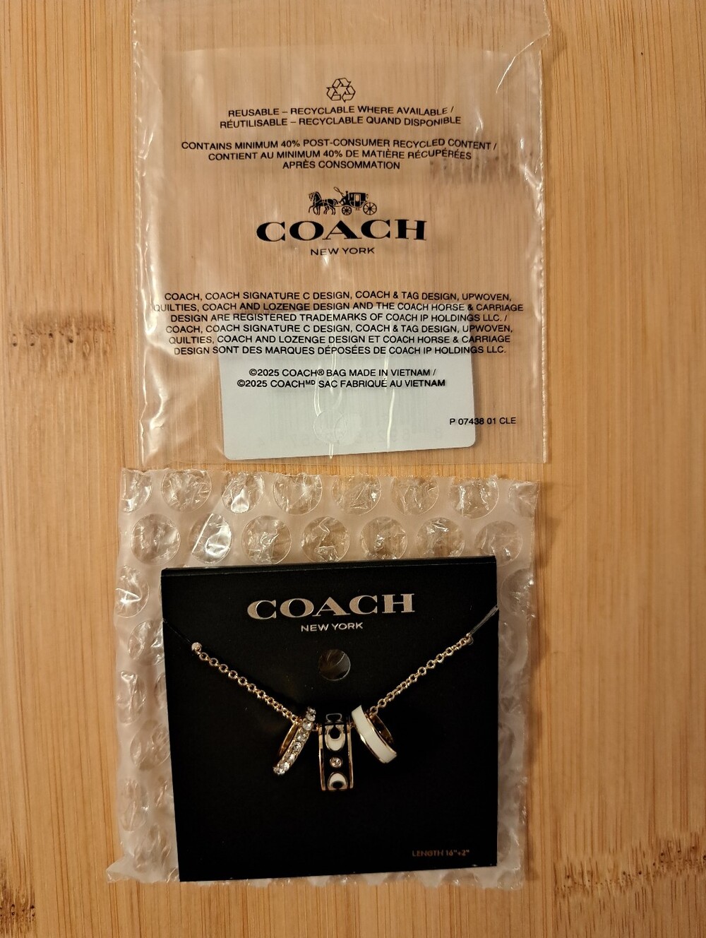 COACH Signature C Triple Rondelle Necklace In Gold/Black, Adjustable 16"-18" NEW